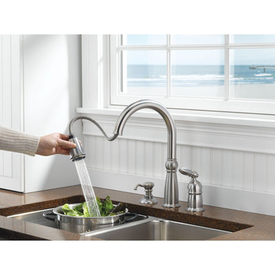 Delta Victorian Collection Stainless Steel Finish Single Handle Pull Down Kitchen Sink Faucet and Soap Dispenser Package D025CR