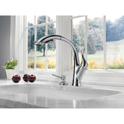 Delta Linden Collection Chrome Finish Single Handle Water Efficient Pull Out Kitchen Sink Faucet and Soap Dispenser Package D060CR