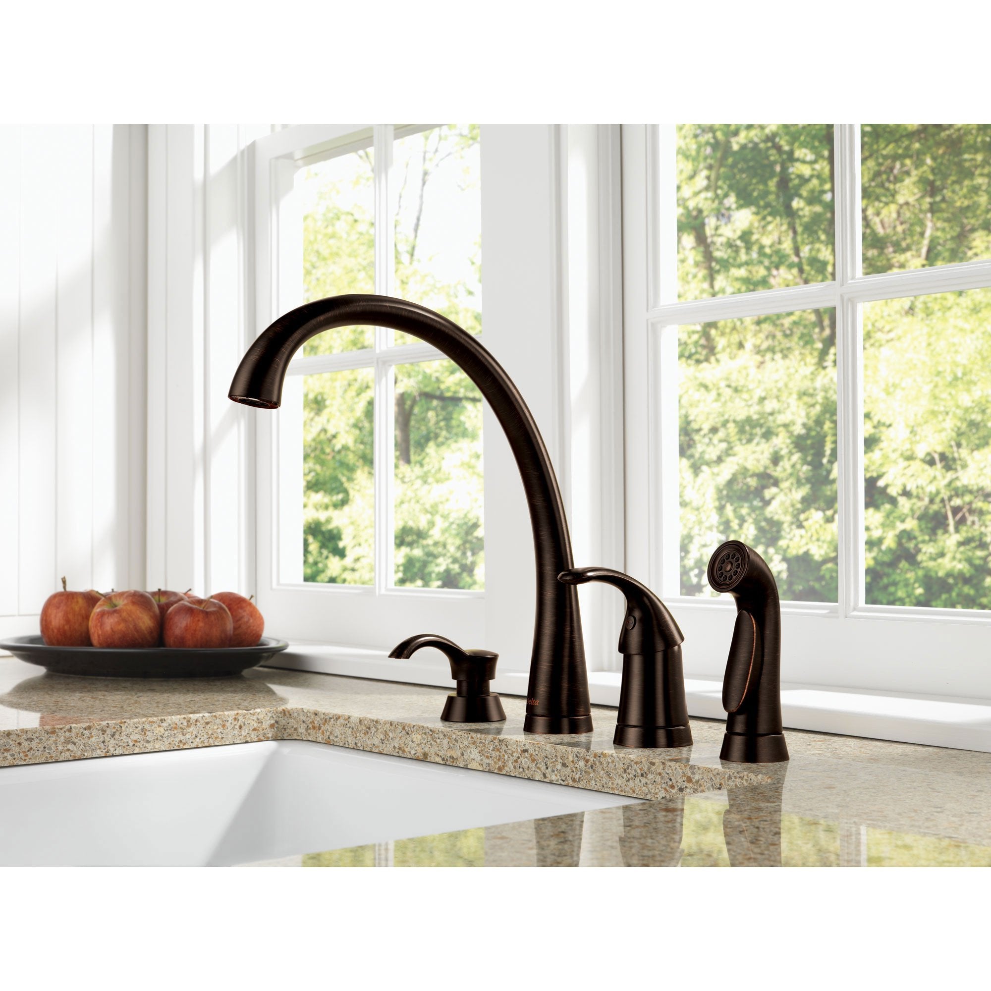 Delta Venetian Bronze Finish Pilar Modern Single Handle Kitchen Faucet with Side Spray and Deck Mount Soap Dispenser Package D069CR