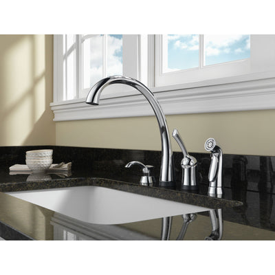 Delta Chrome Finish Pilar Collection Single Handle Kitchen Faucet with Touch2O Technology and Side Spray and Deck Mount Soap Dispenser Package D071CR