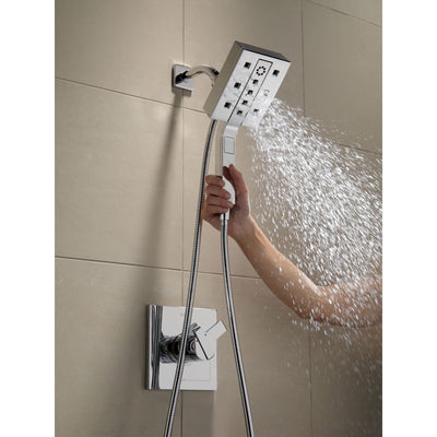 Delta Chrome Ara Modern Shower Control with Valve, Shower Flange, Shower Arm, H2Okinetic In2ition 4-Setting Two-in-One Hand Shower Package D085CR