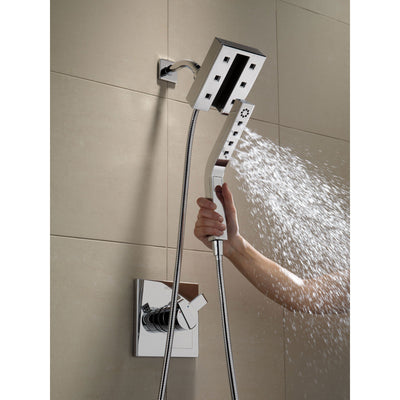 Delta Chrome Ara Modern Shower Control with Valve, Shower Flange, Shower Arm, H2Okinetic In2ition 4-Setting Two-in-One Hand Shower Package D085CR