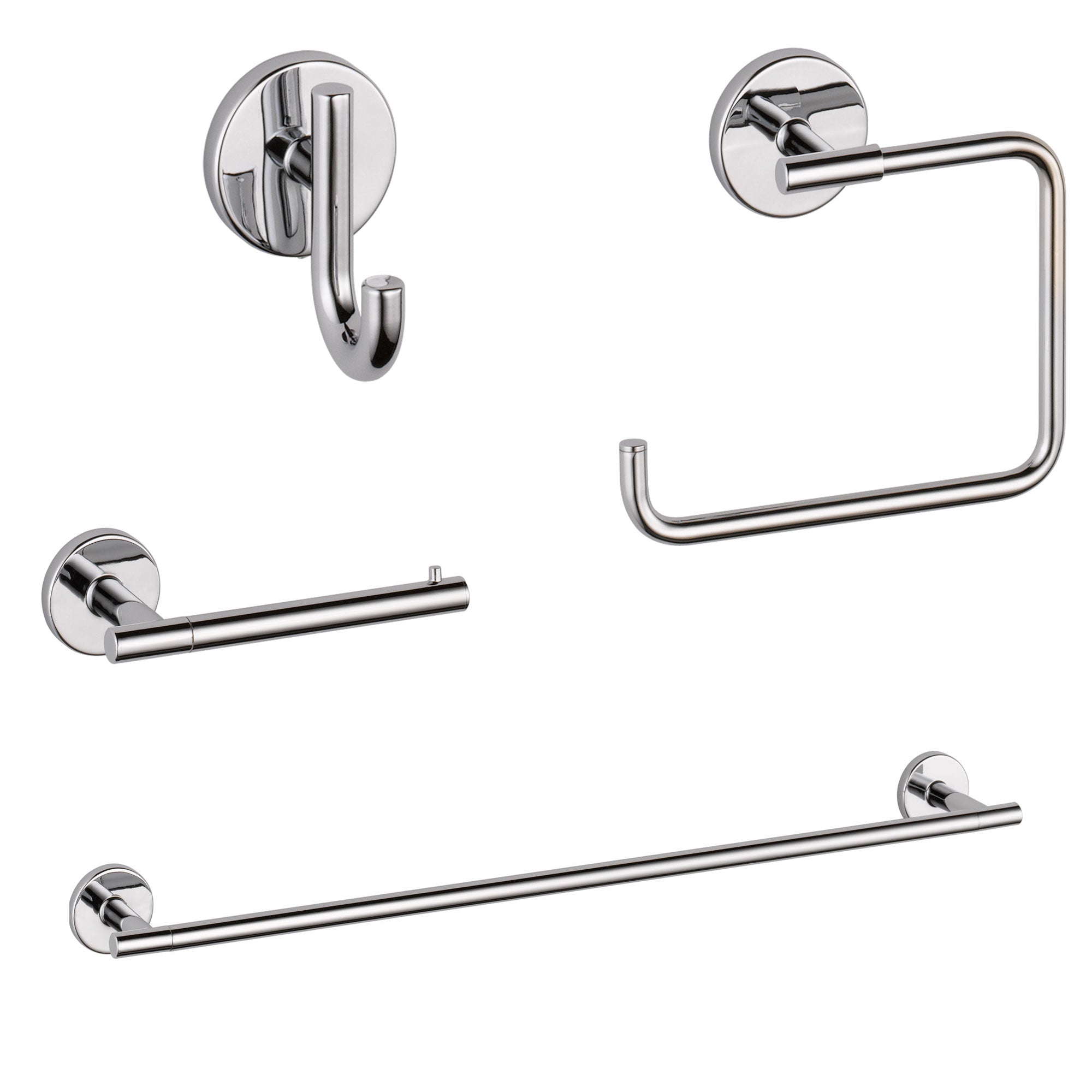 Delta Trinsic Chrome STANDARD Bathroom Accessory Set Includes: 24" Towel Bar, Toilet Paper Holder, Robe Hook, and Towel Ring D10002AP