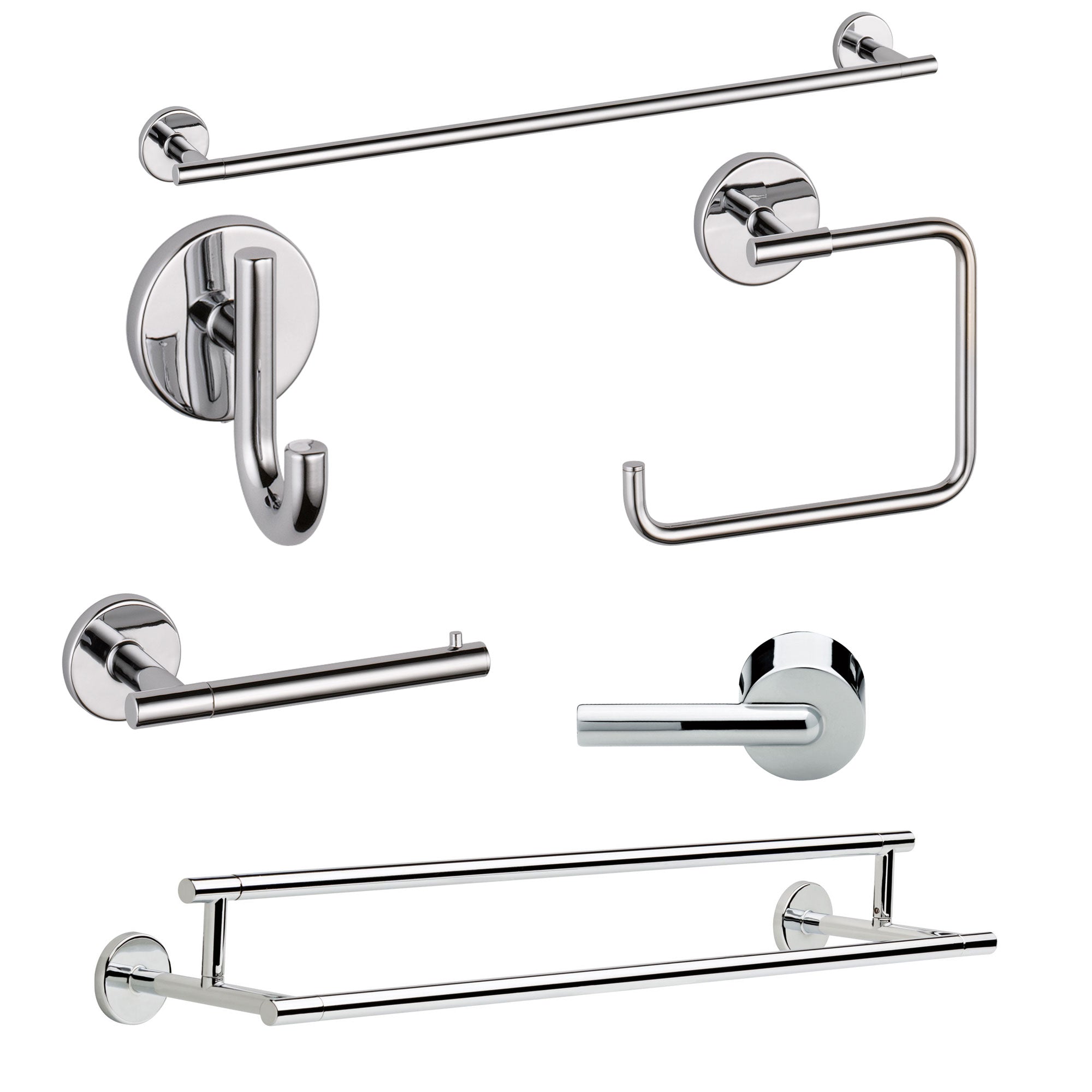 Delta Trinsic Chrome DELUXE Accessory Set Includes: 24" Towel Bar, Paper Holder, Towel Ring, Robe Hook, Tank Lever, & 24" Double Towel Bar D10003AP
