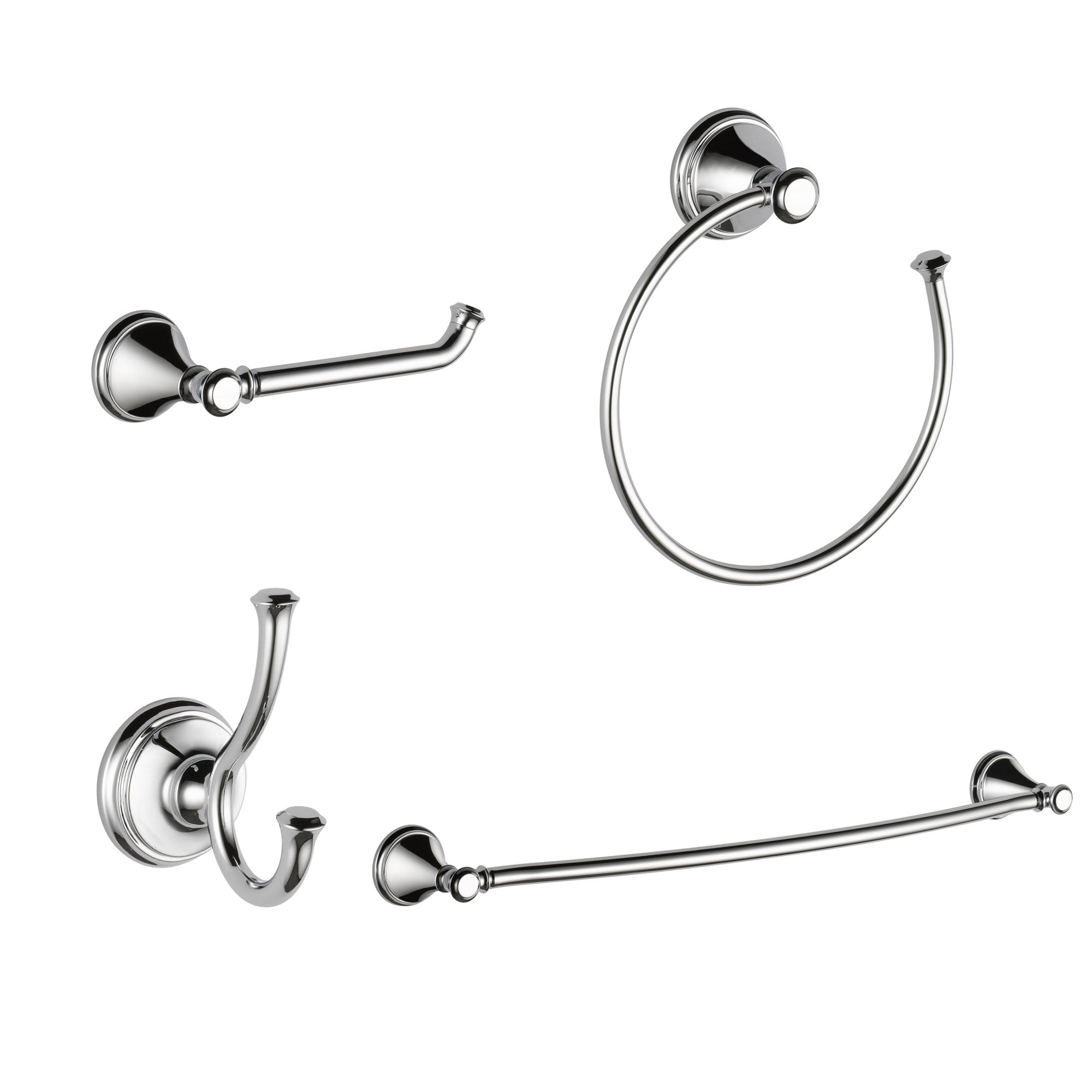 Delta Cassidy Chrome STANDARD Bathroom Accessory Set Includes: 24" Towel Bar, Toilet Paper Holder, Robe Hook, and Towel Ring D10017AP