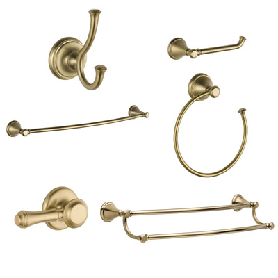 Delta Cassidy Champagne Bronze DELUXE Accessory Set: 24" Towel Bar, Paper Holder, Towel Ring, Robe Hook, Tank Lever, & 24" Double Towel Bar D10027AP