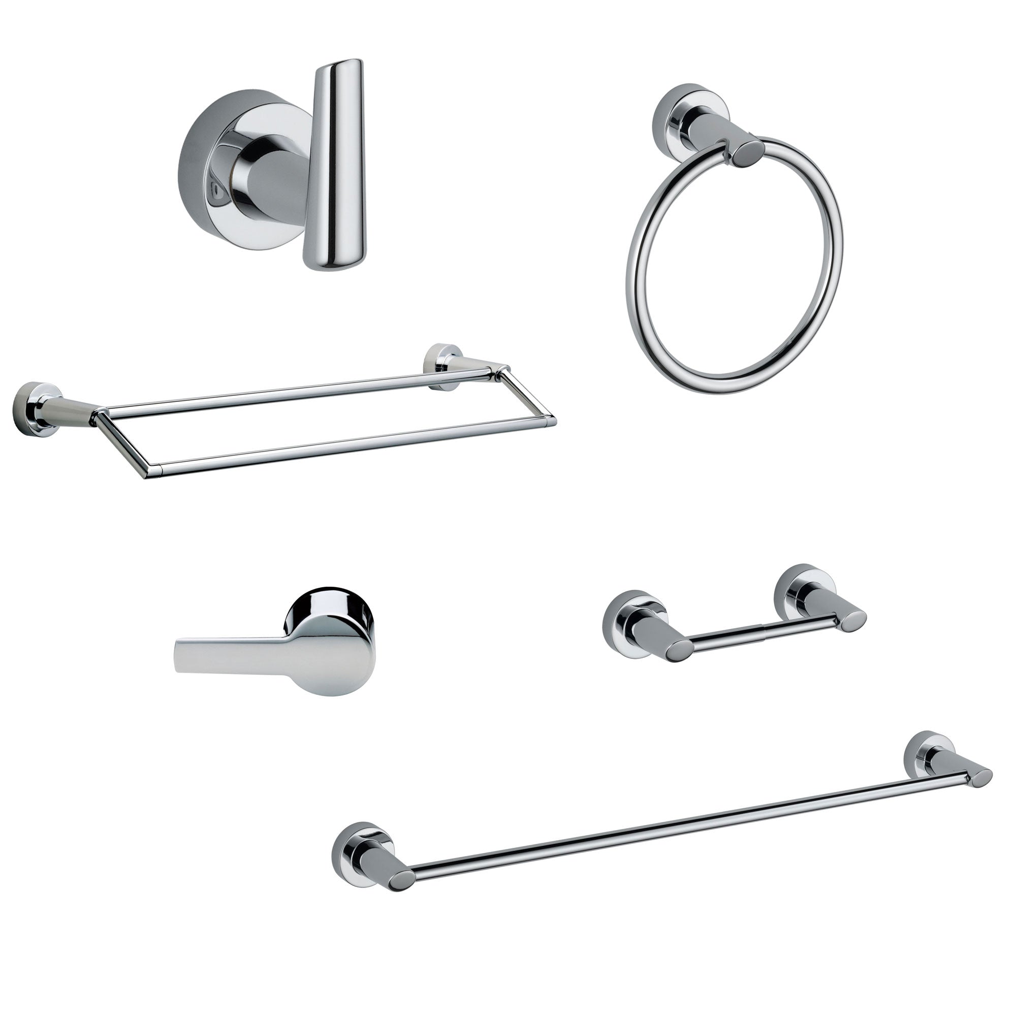 Delta Compel Chrome DELUXE Accessory Set Includes: 24" Towel Bar, Paper Holder, Robe Hook, Towel Ring, Tank Lever, and Double Towel Bar D10073AP
