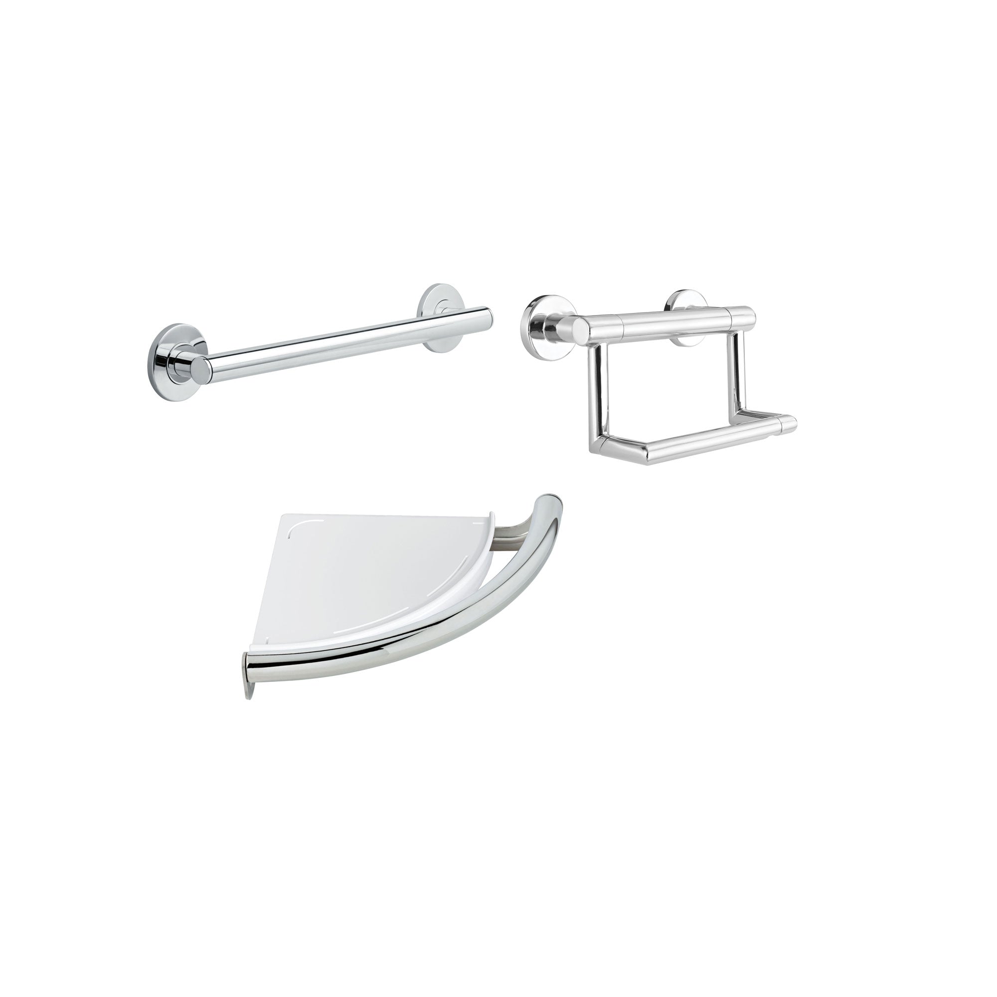 Delta Bath Safety Contemporary Chrome BASICS Bathroom Accessory Set: 18" Grab / Towel Bar, Corner Shower Shelf, TP Holder / Assist Grab Bar D10108AP