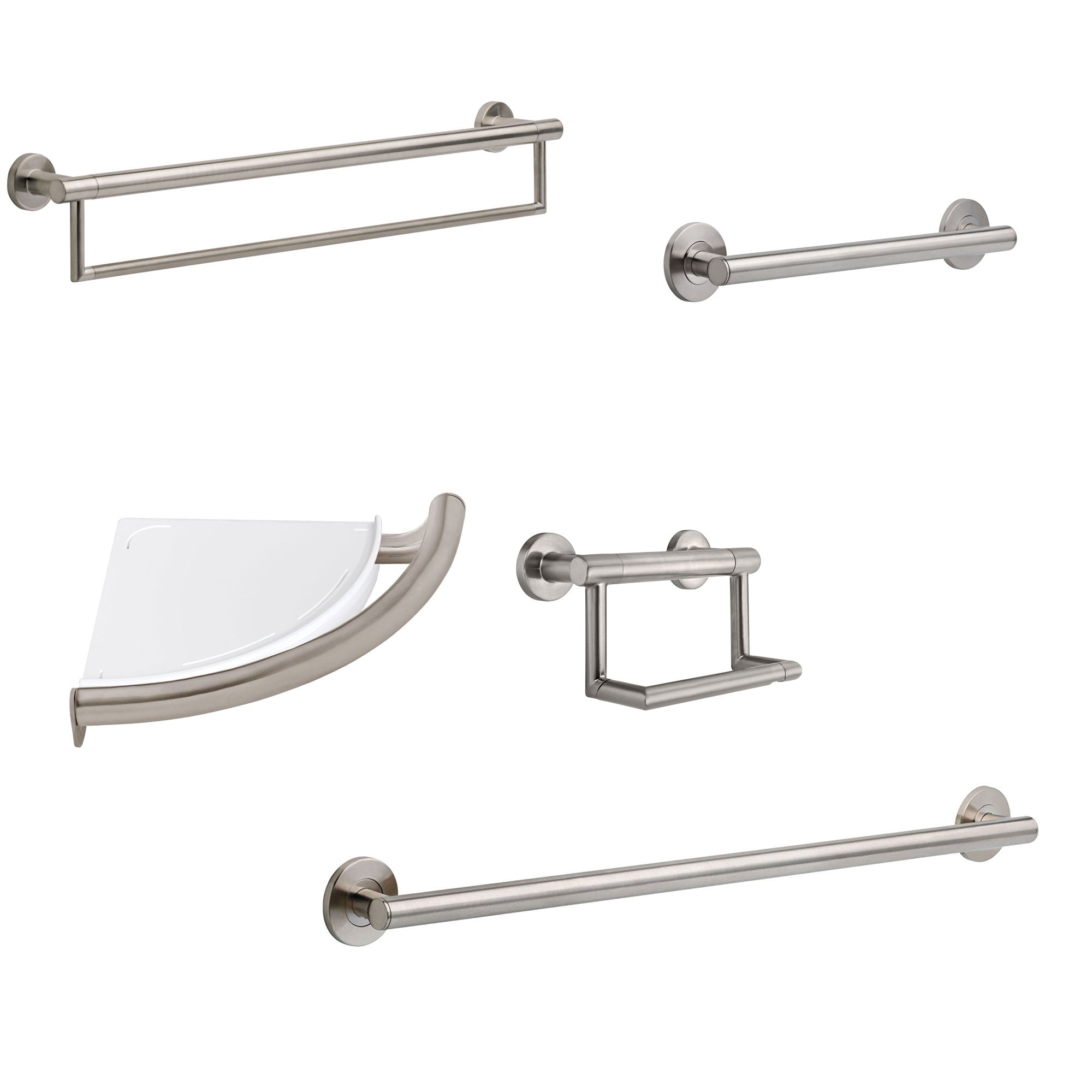 Delta Bath Safety Stainless Steel Finish DELUXE Accessory Set Includes: 18" and 36" Single Grab Bar, Corner Shelf, TP Holder, 24" Double Bar D10113AP