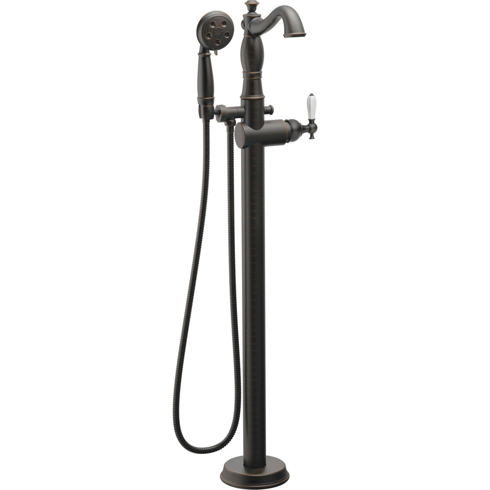 Delta Traditional Venetian Bronze Floor Mount Tub Filler Faucet with Hand Shower Spray INCLUDES Valve and Porcelain Lever Handle D1057V