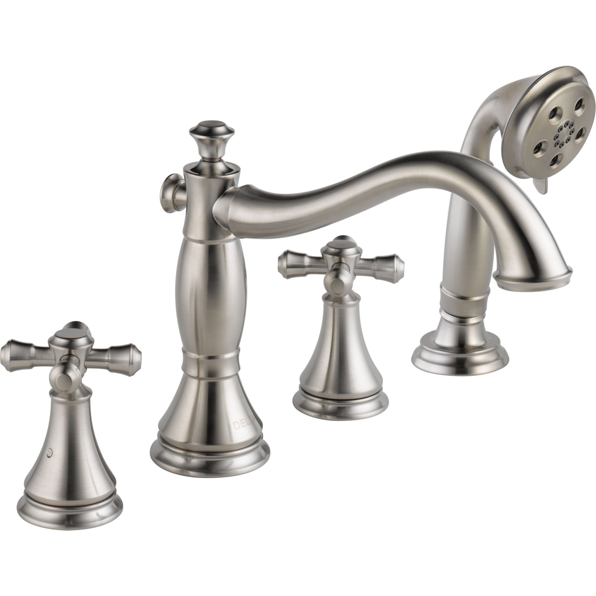 Delta Cassidy Stainless Steel Finish Roman Tub Filler Faucet with Hand Shower Spray INCLUDES Valve and Cross Handles D1063V