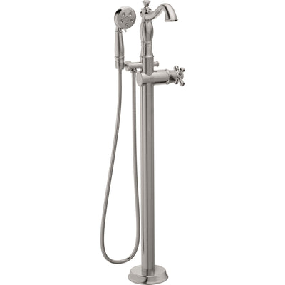 Delta Traditional Stainless Steel Finish Floor Mount Tub Filler Faucet with Hand Shower Spray INCLUDES Valve and Metal Cross Handle D1067V