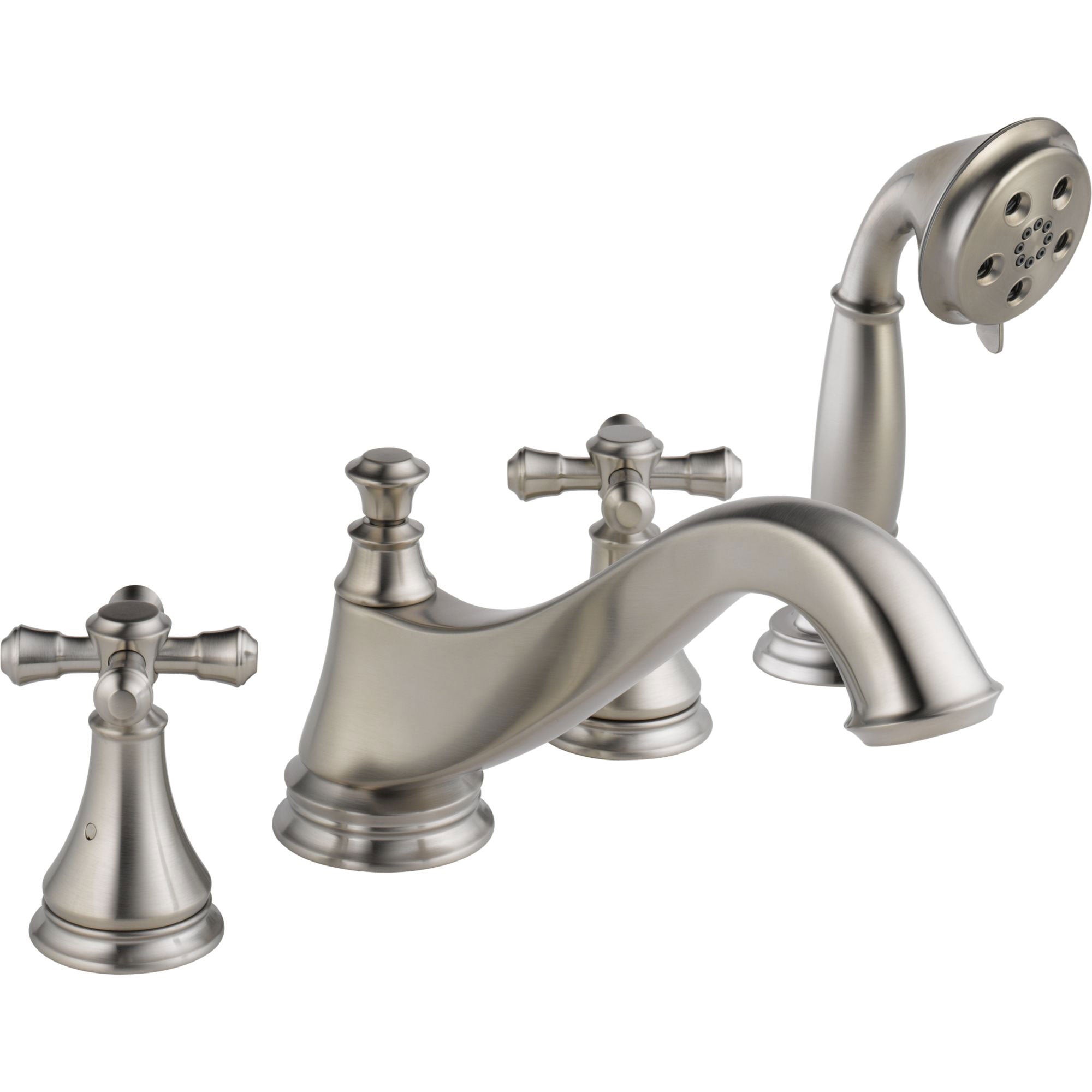 Delta Cassidy Stainless Steel Finish Low Arc Spout Roman Tub Filler Faucet with Hand Shower Spray INCLUDES Valve and Cross Handles D1068V