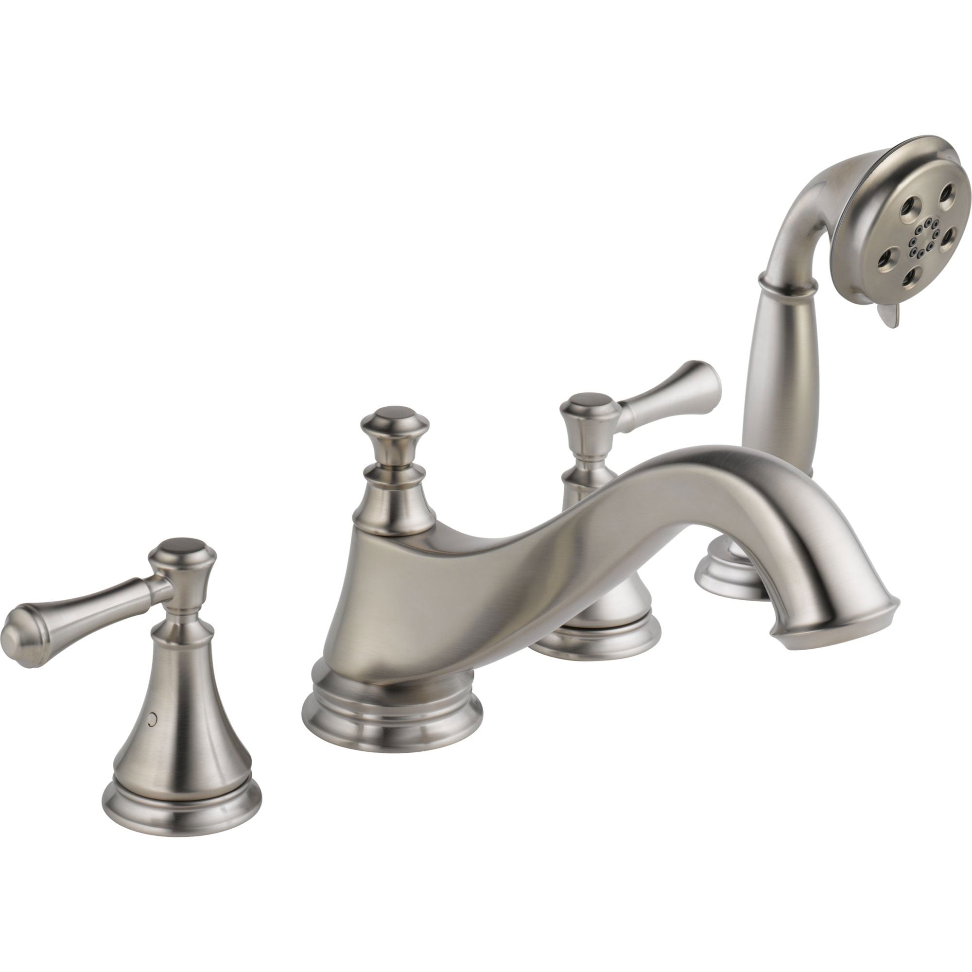 Delta Cassidy Stainless Steel Finish Low Arc Spout Roman Tub Filler Faucet with Hand Shower Spray INCLUDES Valve and Lever Handles D1069V
