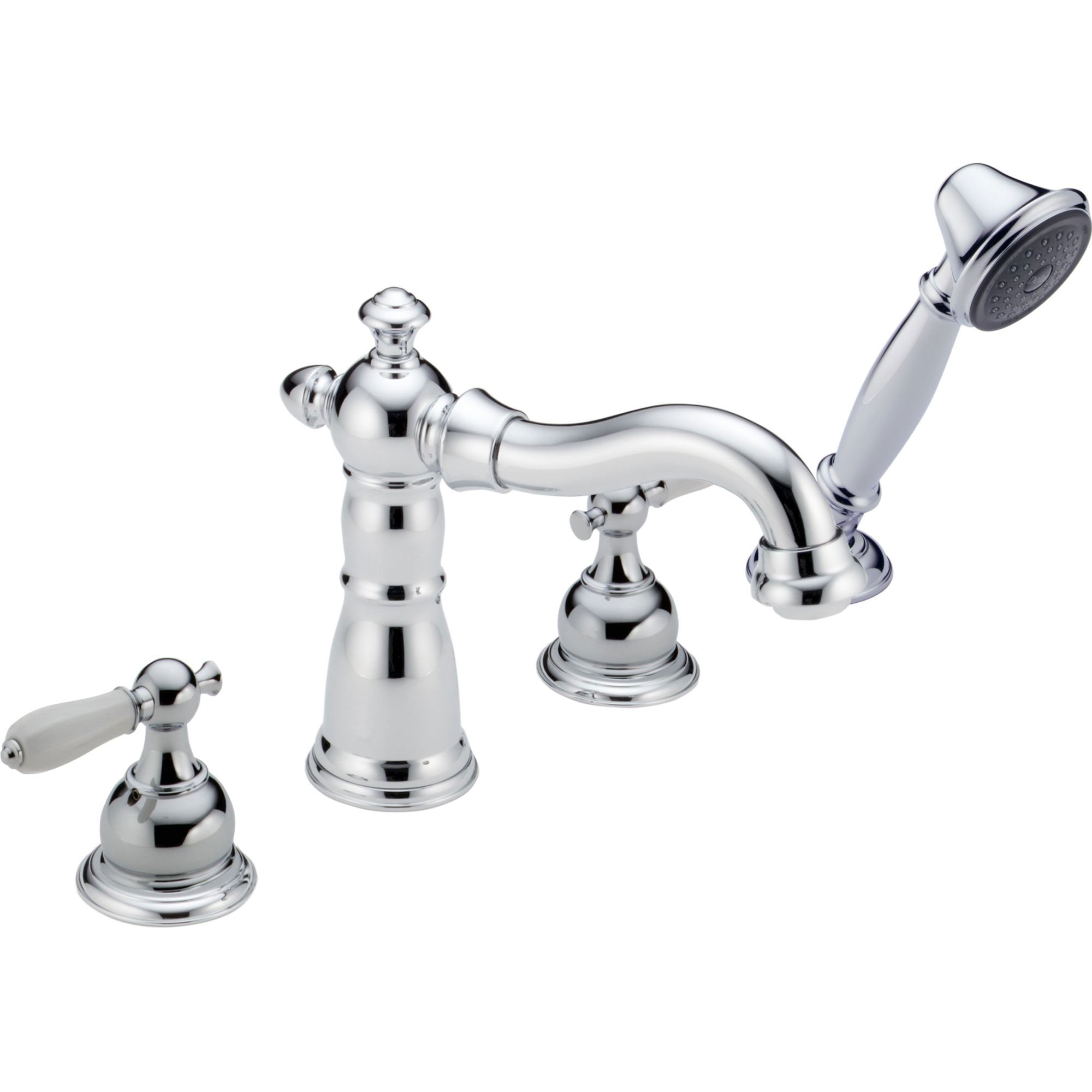 Delta Victorian Chrome Roman Tub Filler Faucet with Hand Shower Spray INCLUDES Valve and White Lever Handles D1076V