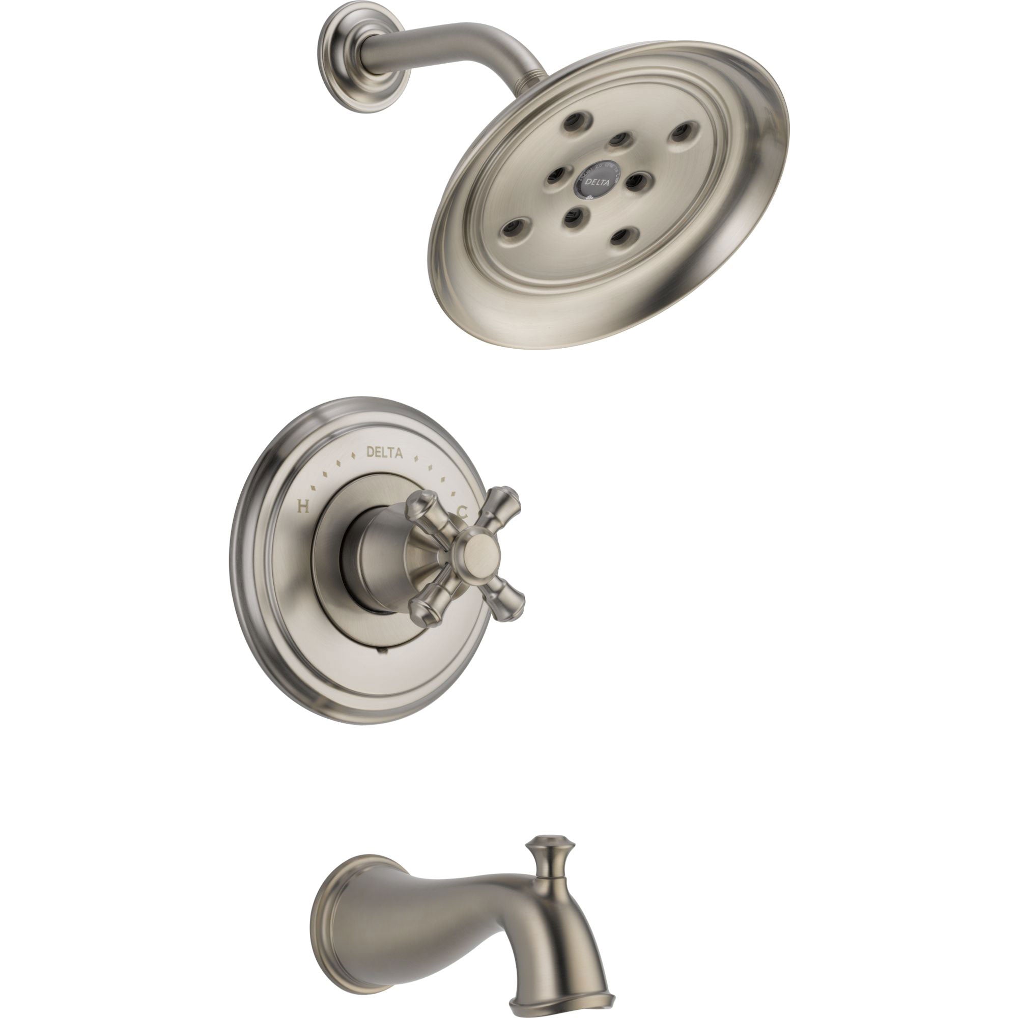 Delta Cassidy Stainless Steel Finish 14 Series Tub and Shower Combination Faucet INCLUDES Rough-in Valve and Single Cross Handle D1158V