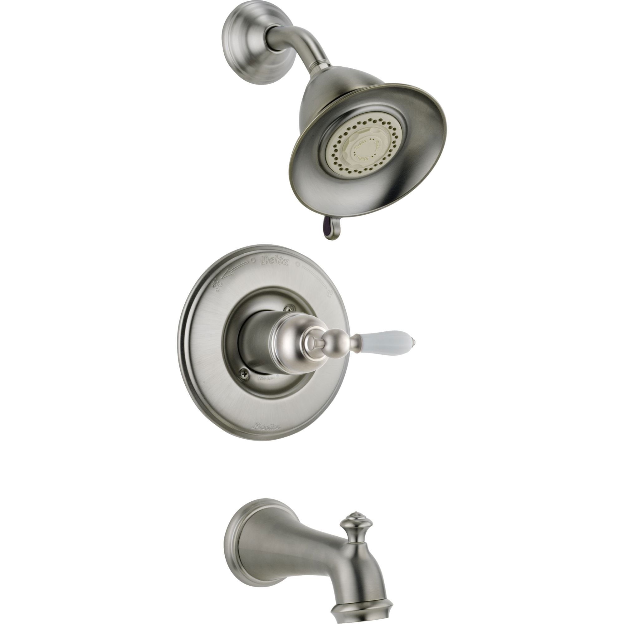 Delta Traditional Victorian Stainless Steel Finish 14 Series Tub and Shower Faucet Combo INCLUDES Rough-in Valve with Stops and White Lever Handle D1177V