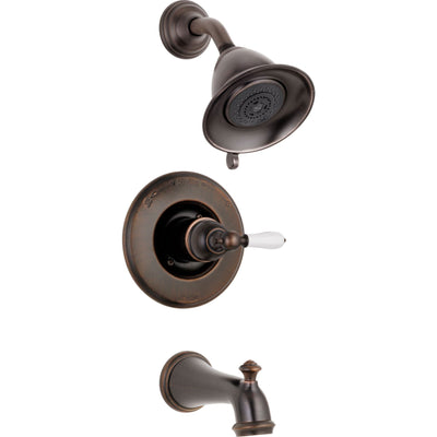 Delta Traditional Victorian Venetian Bronze Finish 14 Series Tub and Shower Faucet Combo INCLUDES Rough-in Valve and White Lever Handle D1180V