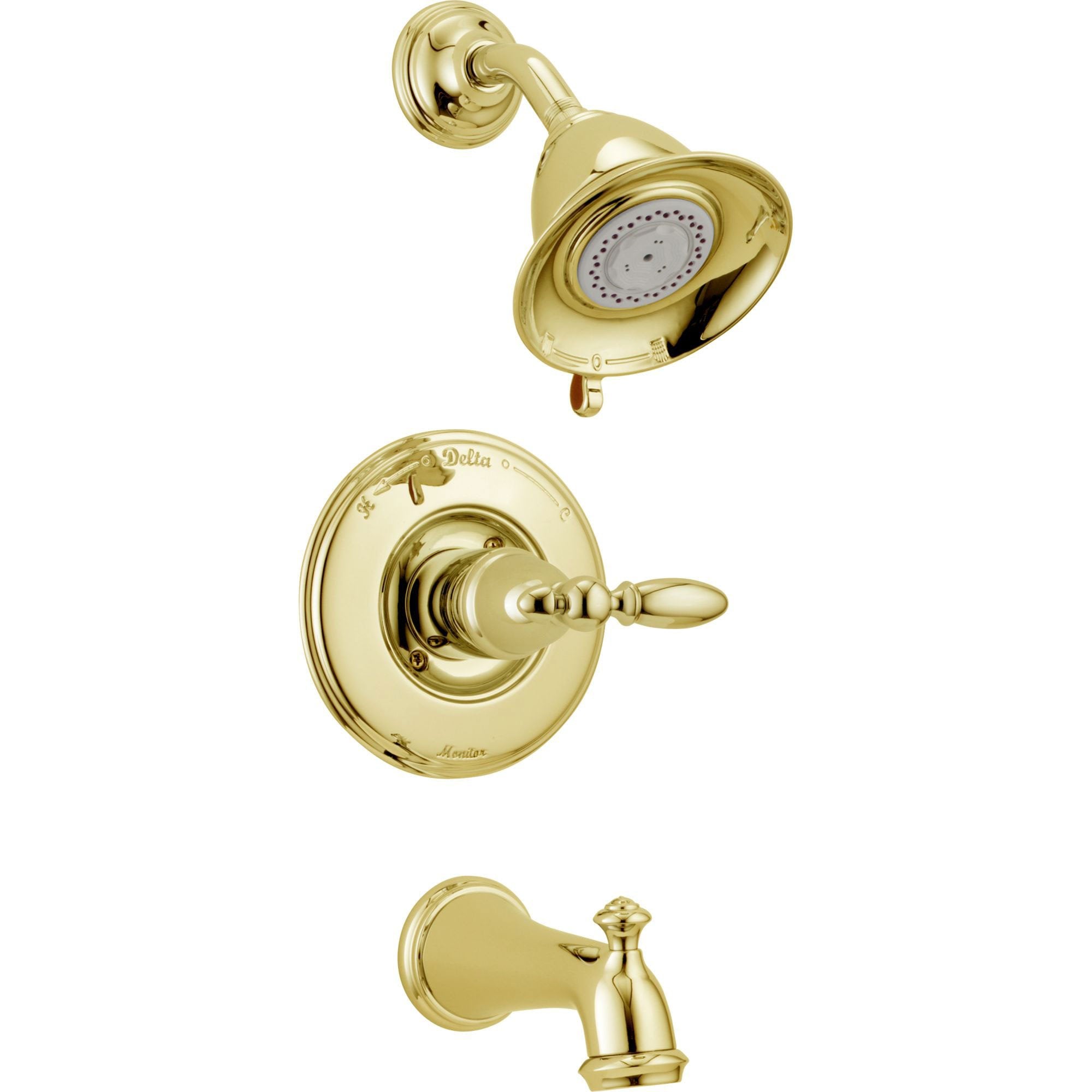 Delta Traditional Victorian Polished Brass Finish 14 Series Tub and Shower Faucet Combo INCLUDES Rough-in Valve with Stops and Single Lever Handle D1187V
