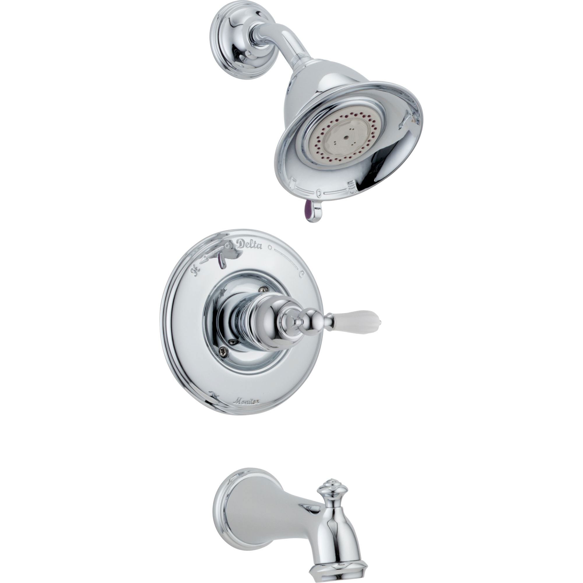Delta Traditional Victorian Chrome Finish 14 Series Tub and Shower Faucet Combo INCLUDES Rough-in Valve and White Lever Handle D1188V