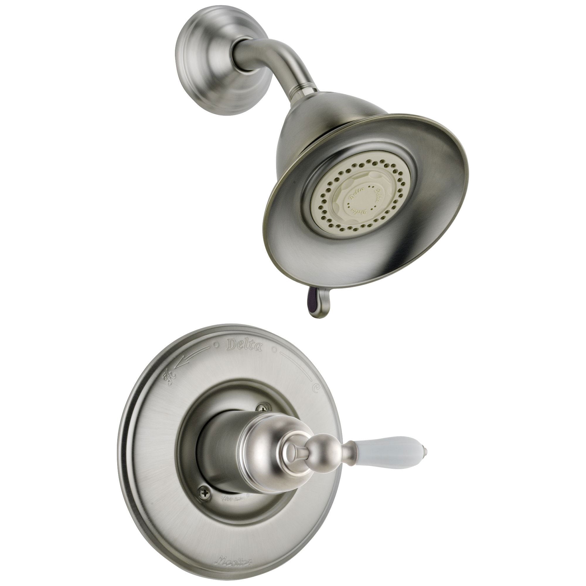 Delta Traditional Victorian Stainless Steel Finish 14 Series Shower Only Faucet INCLUDES Rough-in Valve and White Lever Handle D1192V