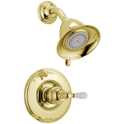 Delta Traditional Victorian Polished Brass Finish 14 Series Shower Only Faucet INCLUDES Rough-in Valve and White Lever Handle D1200V