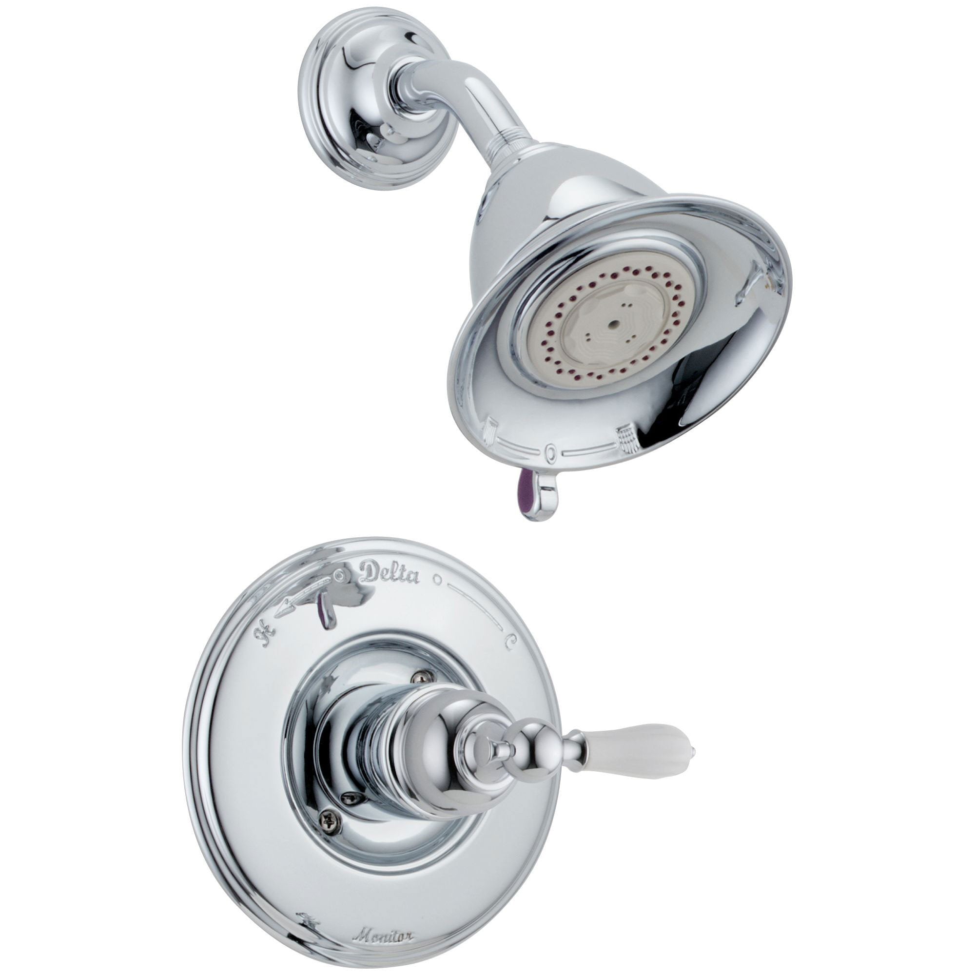 Delta Traditional Victorian Chrome Finish 14 Series Shower Only Faucet INCLUDES Rough-in Valve with Stops and White Lever Handle D1205V