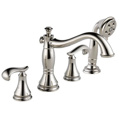 Delta Cassidy Collection Polished Nickel Finish Roman Tub Filler Faucet with Hand Shower INCLUDES (2) French Scroll Levers and Rough-in Valve D1396V