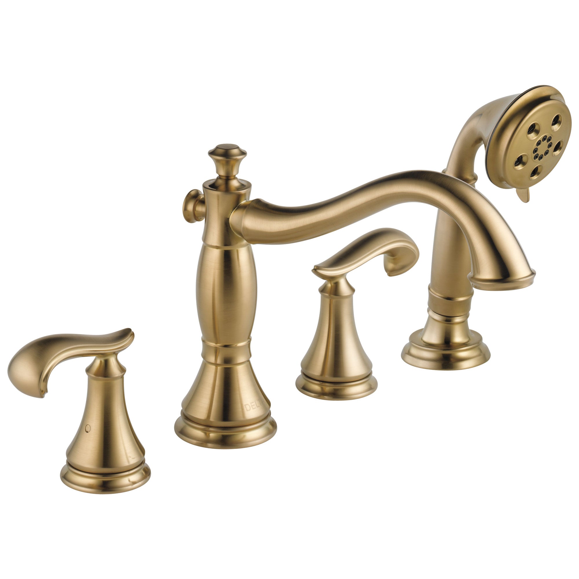 Delta Cassidy Collection Champagne Bronze Finish Roman Tub Filler Faucet with Hand Shower INCLUDES (2) French Scroll Levers and Rough-in Valve D1402V
