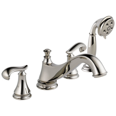 Delta Cassidy Polished Nickel Classic Spout Roman Tub Filler Faucet Trim Kit with Hand Shower INCLUDES (2) French Scroll Levers and Rough-in Valve D1411V