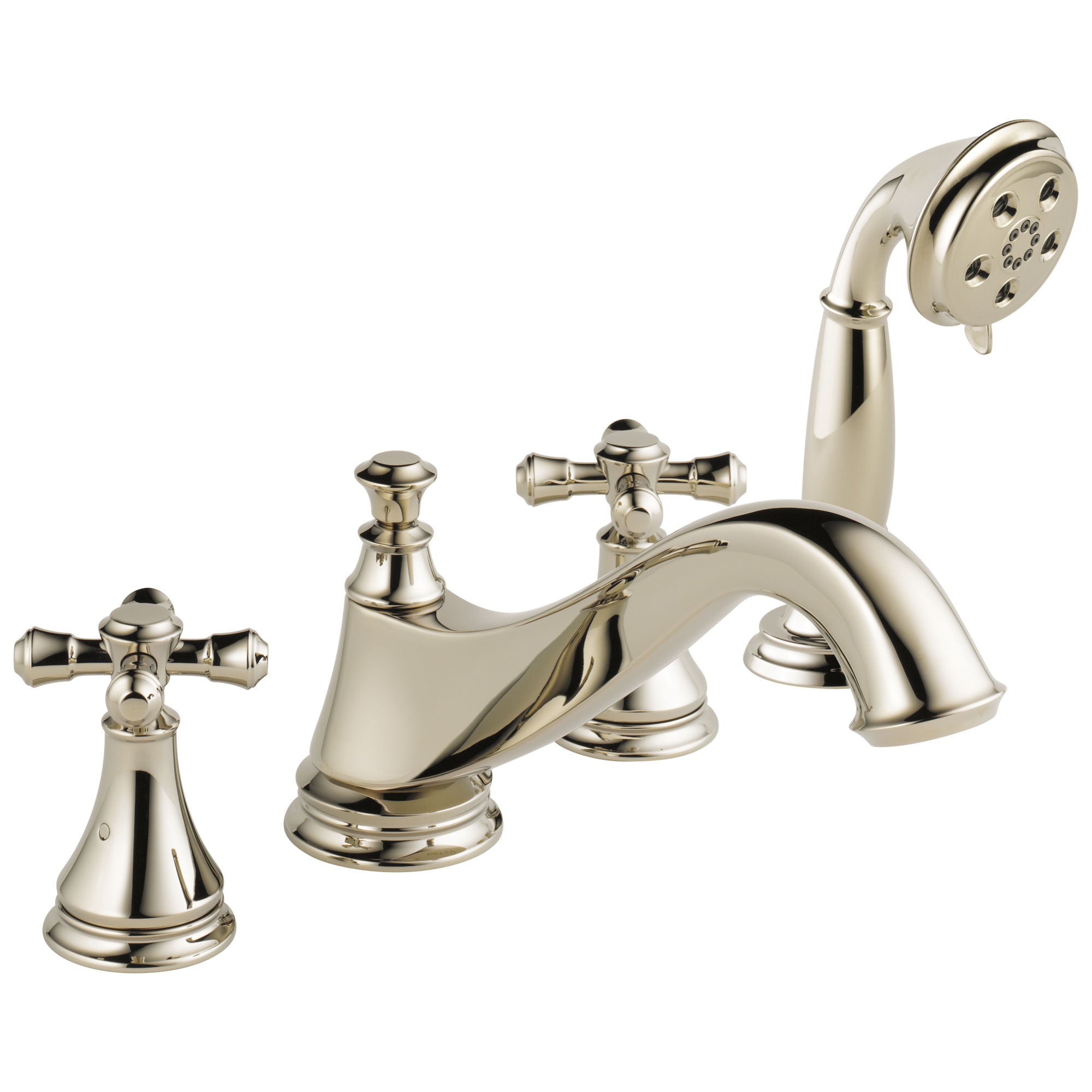 Delta Cassidy Collection Polished Nickel Classic Spout Roman Tub Filler Faucet Trim Kit with Hand Shower INCLUDES (2) Cross Handles and Rough-in Valve D1412V