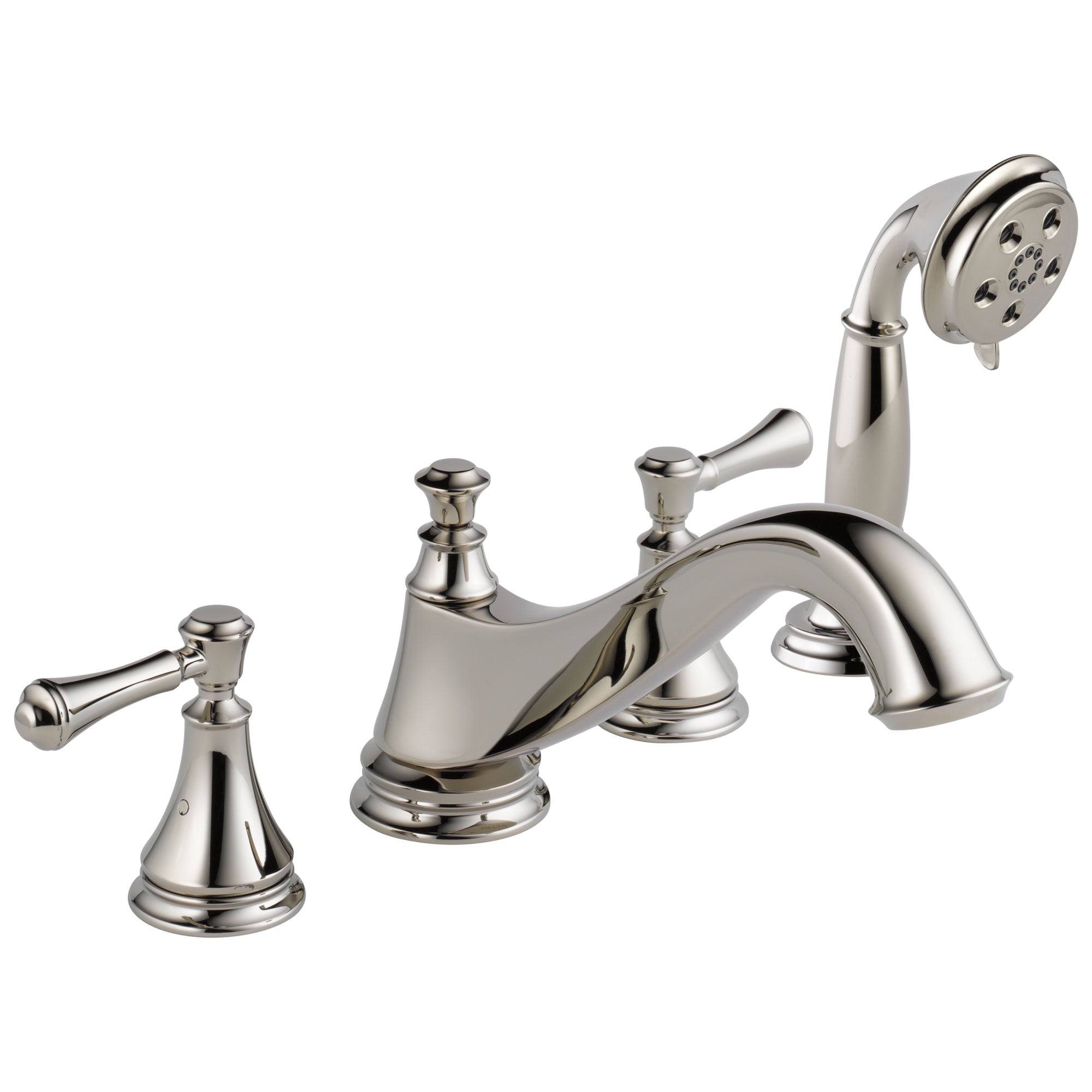 Delta Cassidy Collection Polished Nickel Classic Spout Roman Tub Filler Faucet Trim Kit with Hand Shower INCLUDES (2) Lever Handles and Rough-in Valve D1413V
