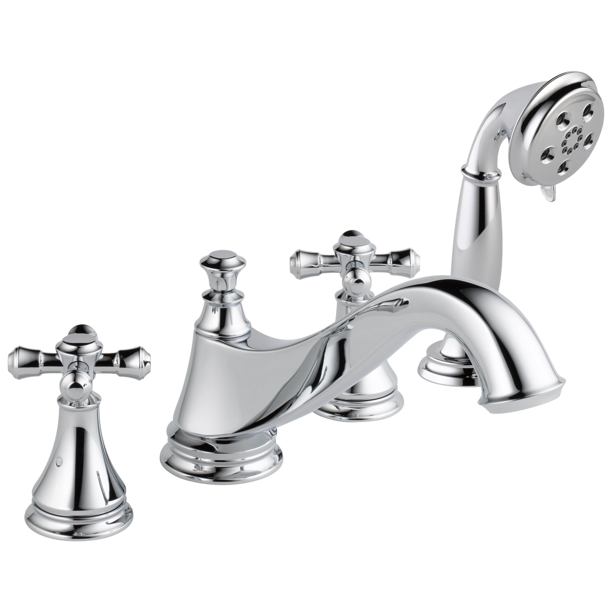 Delta Cassidy Collection Chrome Classic Spout Roman Tub Filler Faucet Trim Kit with Hand Shower INCLUDES (2) Cross Handles and Rough-in Valve D1415V