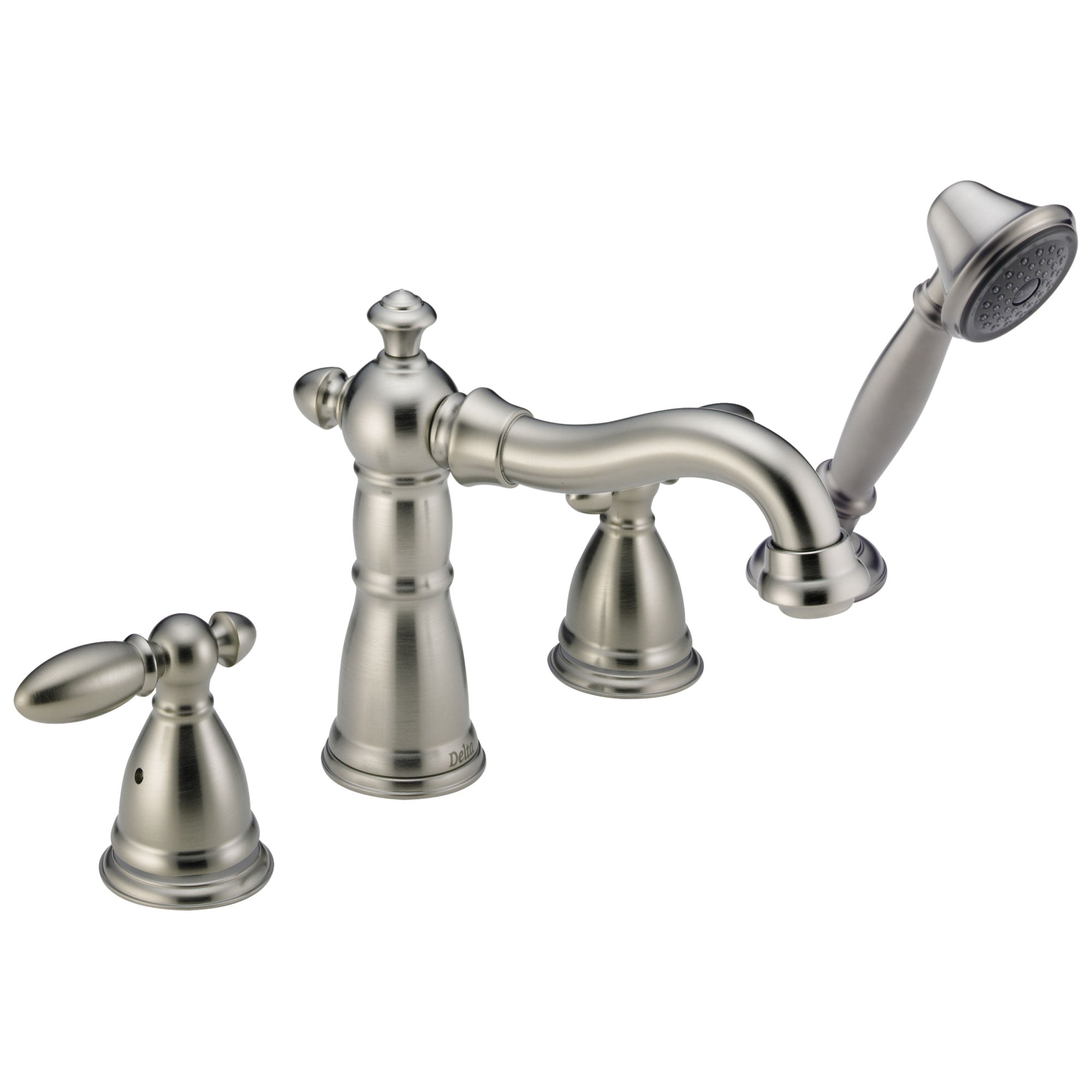 Delta Victorian Collection Stainless Steel Finish Traditional Roman Tub Filler Faucet with Hand Shower INCLUDES (2) Lever Handles and Rough-in Valve D1420V