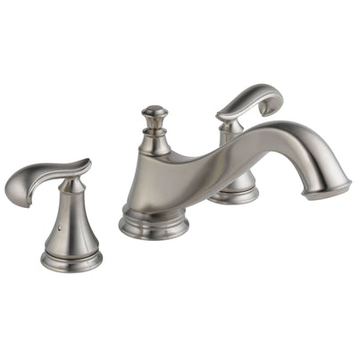 Delta Cassidy Collection Stainless Steel Finish Traditional Spout Roman Tub Filler Faucet Includes (2) French Scroll Levers and Rough-in Valve D1441V