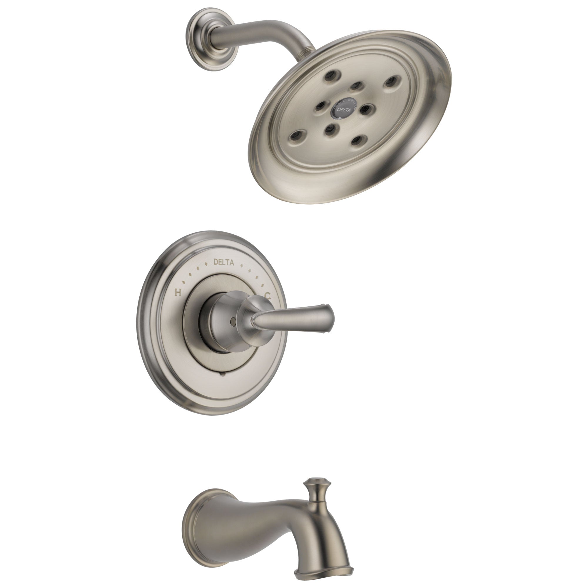 Delta Cassidy Collection Stainless Steel Finish Monitor 14 Tub and Shower Faucet Combo INCLUDES Single Scroll Lever Handle and Rough-Valve without Stops D1466V