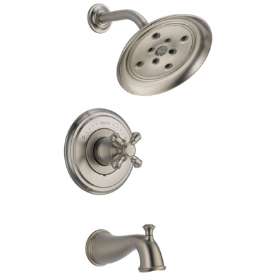Delta Cassidy Collection Stainless Steel Finish Monitor 14 Tub and Shower Faucet Combo INCLUDES Single Cross Handle and Rough-Valve with Stops D1467V