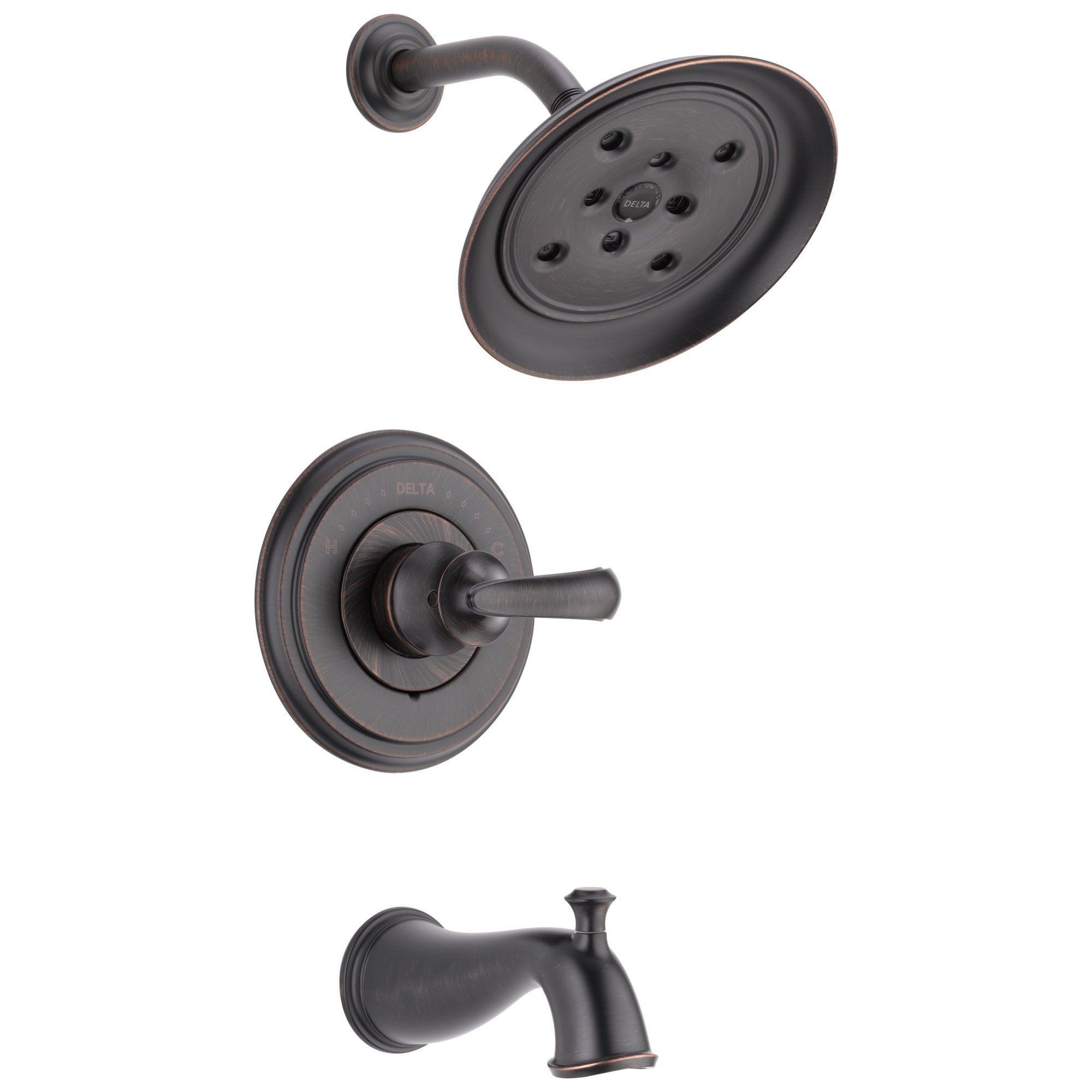 Delta Cassidy Collection Venetian Bronze Monitor 14 Tub and Shower Faucet Combination INCLUDES Single Scroll Lever Handle and Rough-Valve without Stops D1472V