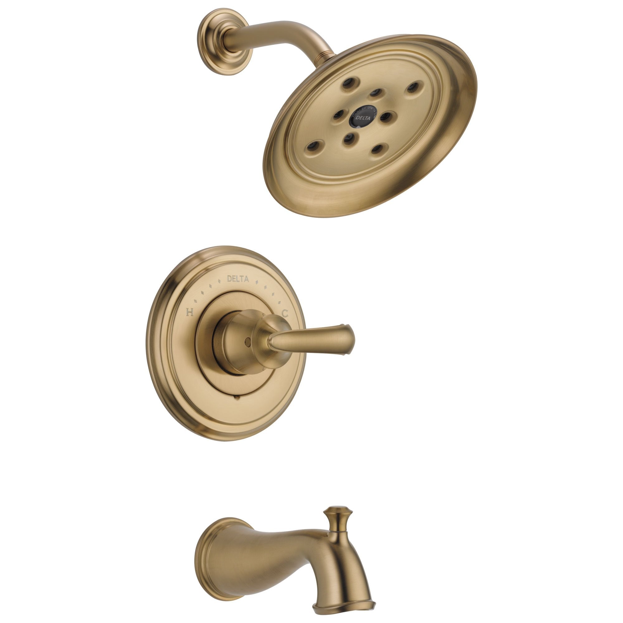 Delta Cassidy Collection Champagne Bronze Monitor 14 Tub and Shower Faucet Combination INCLUDES Single French Scroll Handle and Rough-Valve without Stops D1490V