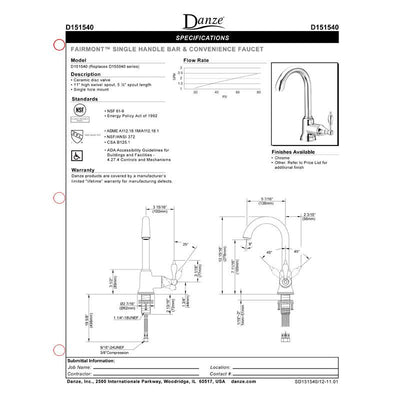 Danze Fairmont Chrome Single Lever Handle Bar Faucet