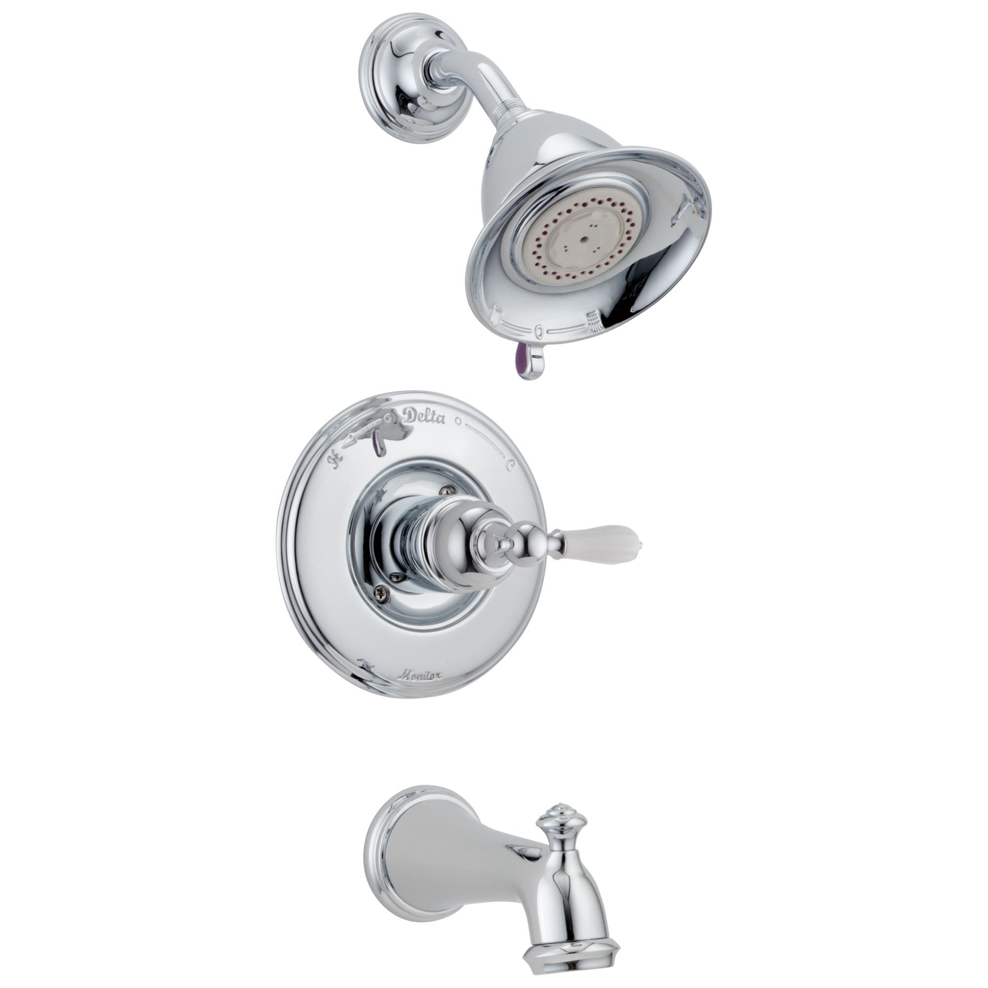 Delta Victorian Collection Chrome Finish Monitor 14 Series Tub & Shower Combo Faucet INCLUDES Single White Lever Handle and Rough-Valve with Stops D1516V