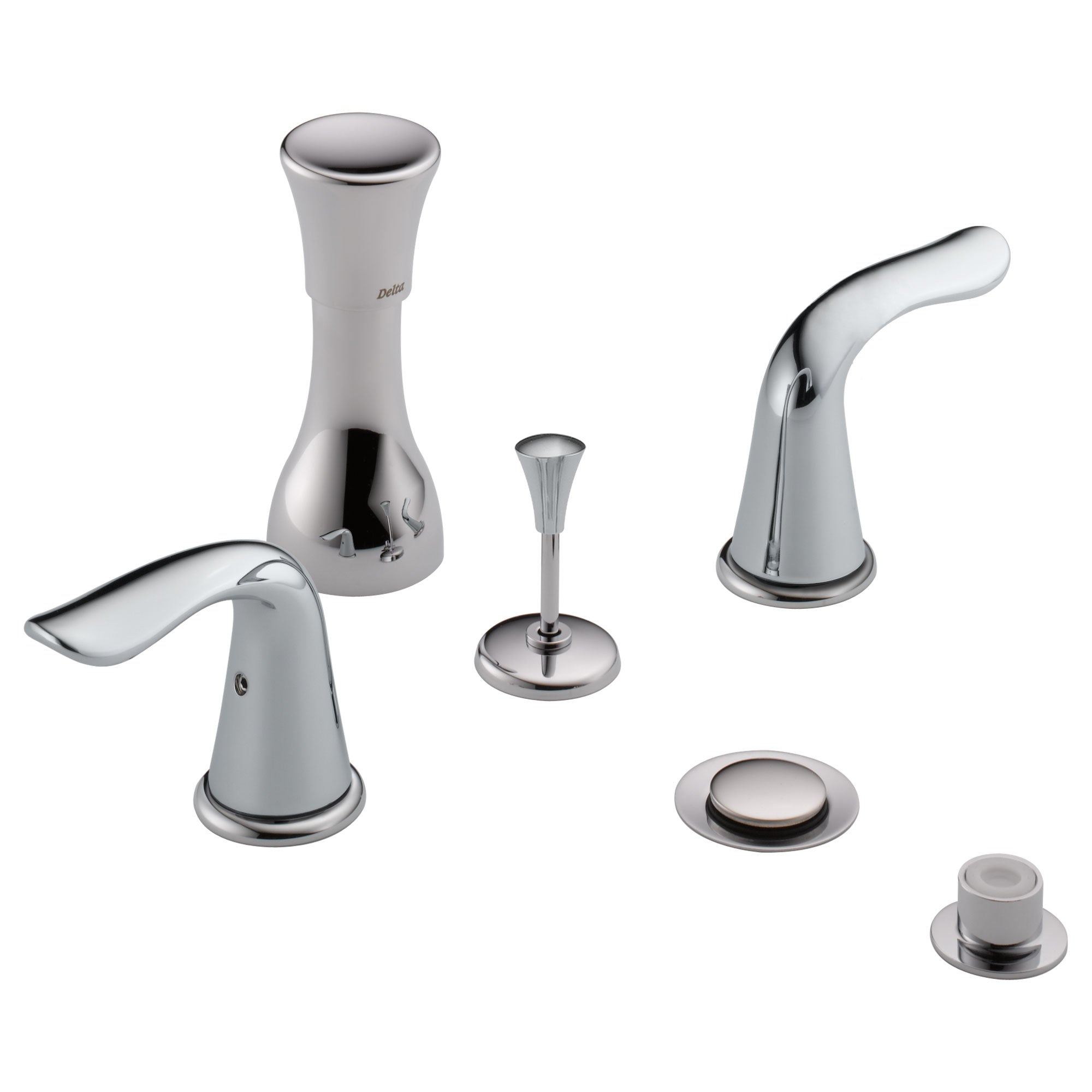 Delta Chrome Finish Lahara Collection 4 Hole 6" or 8" Installation Bathroom Bidet Faucet with Metal Pop-up COMPLETE ITEM Includes Two Lever Handles D1750V