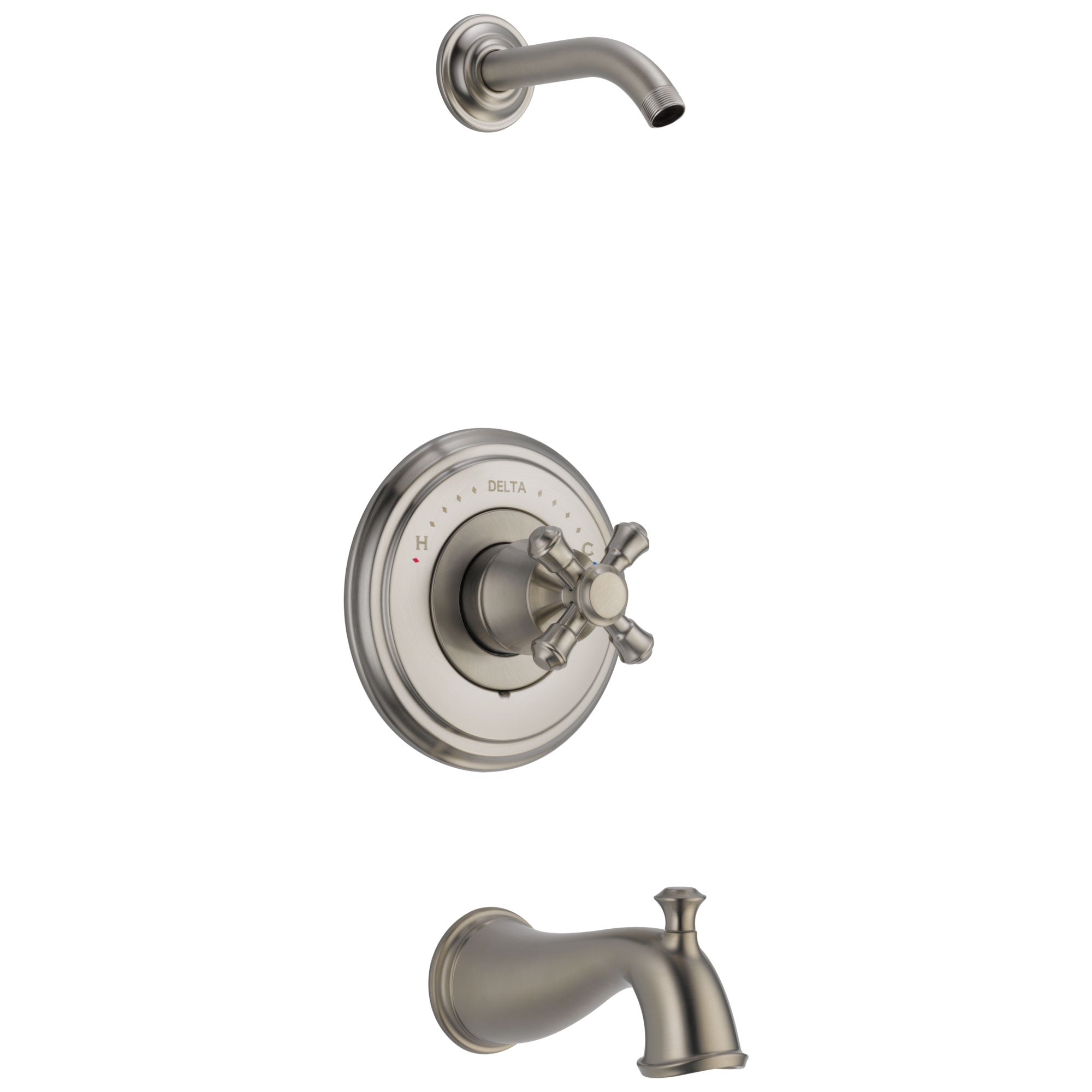 Delta Cassidy Collection Stainless Steel Finish Tub and Shower Combination - Less Showerhead INCLUDES Single Cross Handle and Rough-in Valve without Stops D1814V