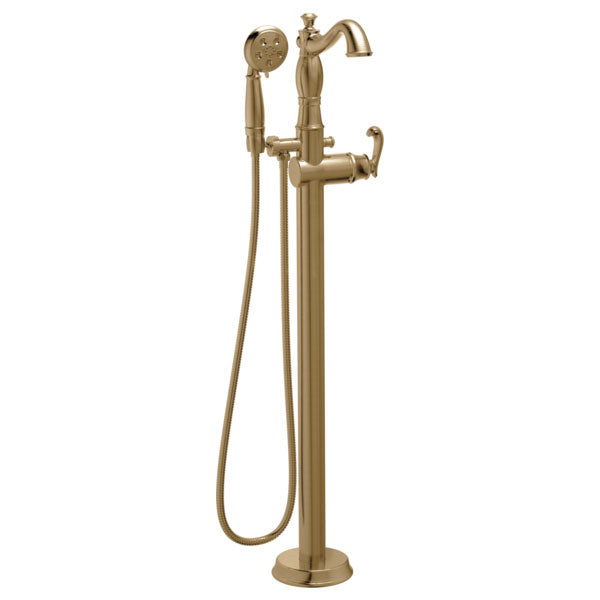 Delta Cassidy Freestanding Floor-Mount Tub Filler Faucet with Sprayer in Champagne Bronze INCLUDES Single French Curve Lever Handle and Rough-in Valve D2568V