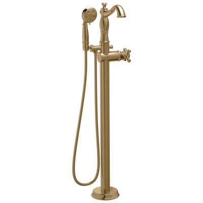 Delta Cassidy Freestanding Floor-Mount Tub Filler Faucet with Sprayer in Champagne Bronze INCLUDES Single Cross Handle and Rough-in Valve D2569V