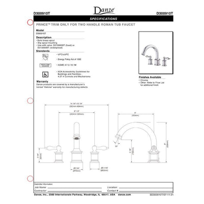 Danze Prince Brushed Nickel High Volume Roman Bath Tub Filler Faucet INCLUDES Rough-in Valve