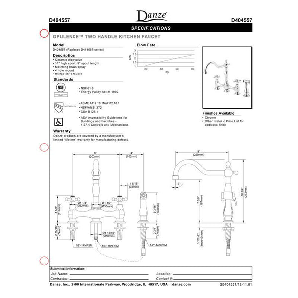 Danze Opulence Chrome Cross Handle Bridge Kitchen Faucet with