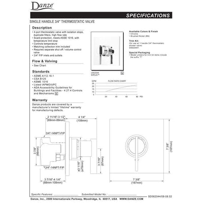 Danze Sirius Chrome Single Handle 3/4" High-Volume Thermostatic Shower Control INCLUDES Rough-in Valve