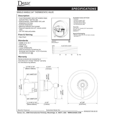 Danze Opulence Chrome 1 Handle 3/4" High-Volume Thermostatic Shower Control INCLUDES Rough-in Valve