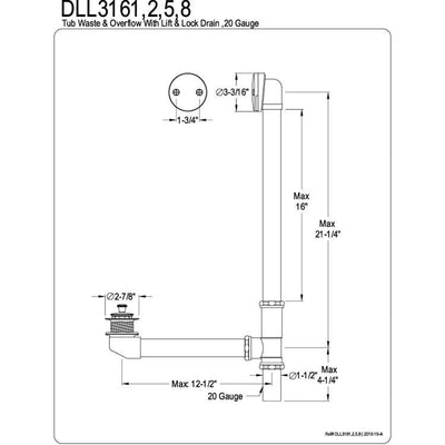 Kingston Satin Nickel 16" Tub Waste & Overflow with Lift & Lock Drain DLL3168